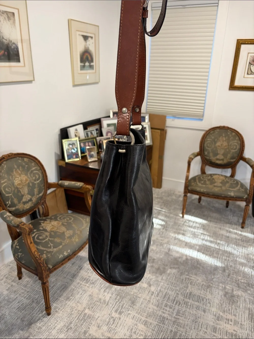 Italian Black Leather Shoulder Bag with Brown Strap